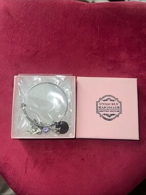 Handmade Silver Charm Bangle Bracelet with Lilac Crystal